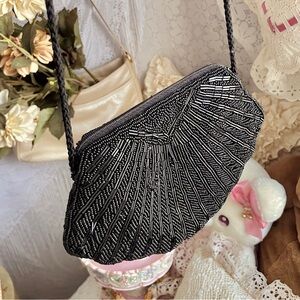 Vintage Black Beaded Shell Evening Bag with Cord Strap